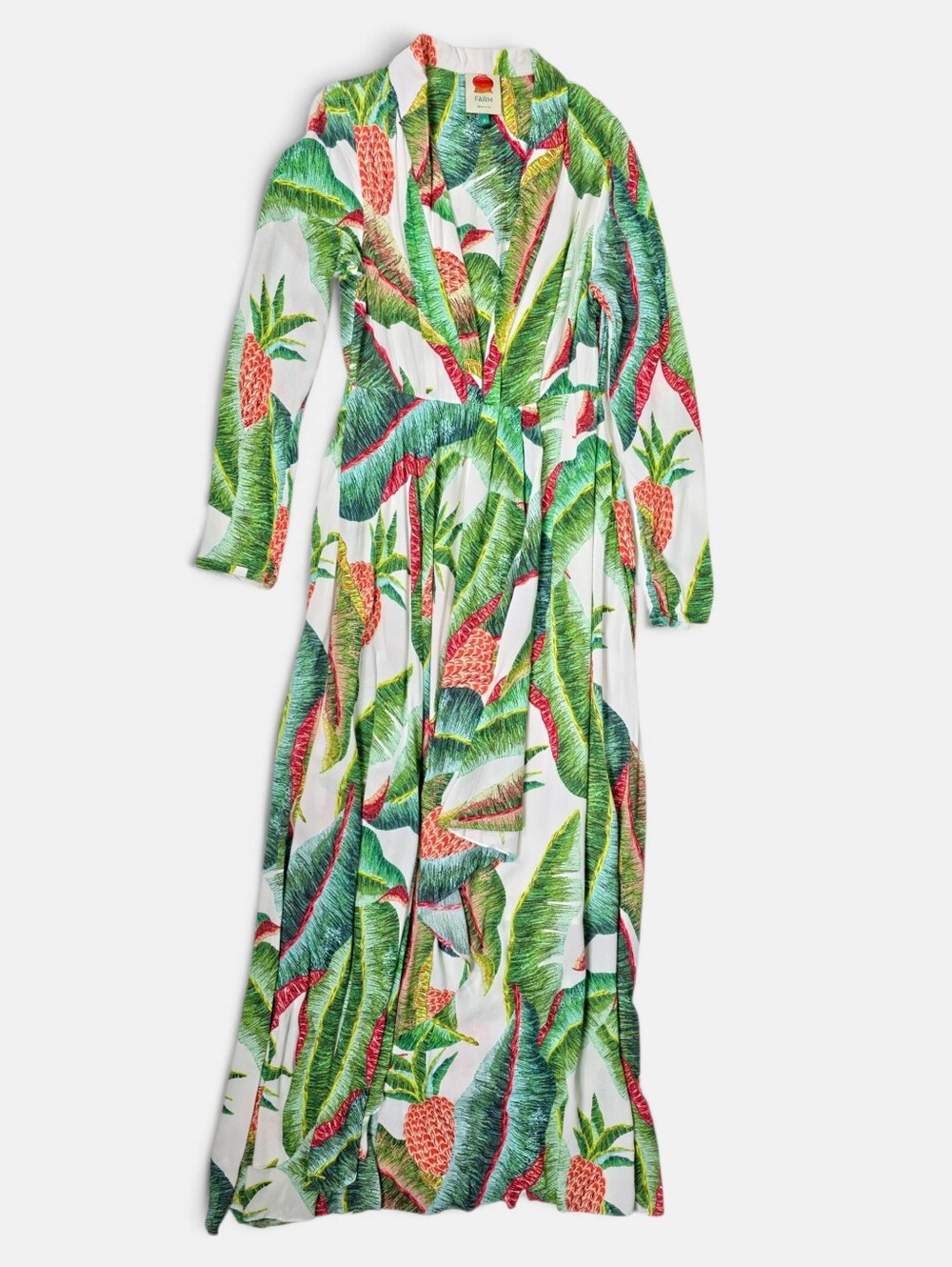 FARM Rio Pineapple Tropical Maxi Dress Womens S White Green Long Sleeve V Neck - Picture 9 of 12